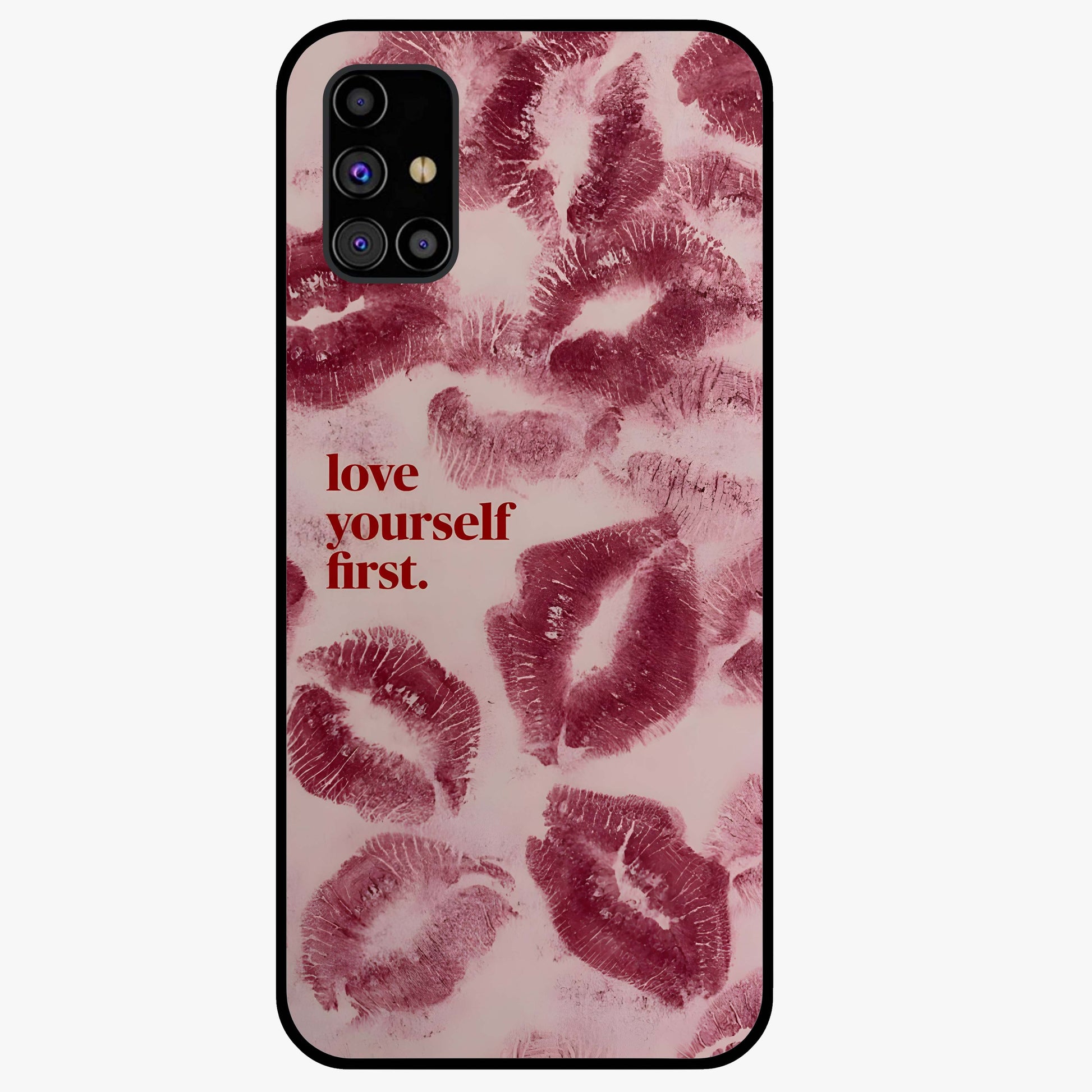 Crimson Kiss Love Glass Case showing flat back view with romantic crimson themed artwork and glossy glass finish.