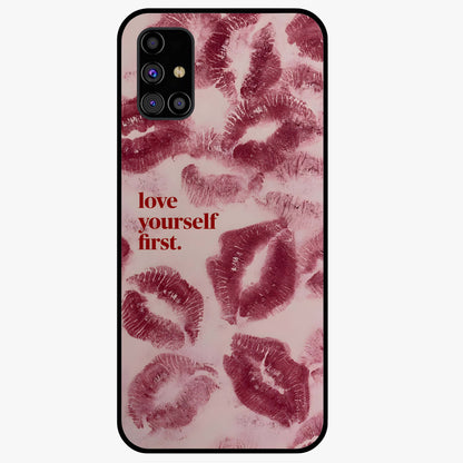 Crimson Kiss Love Glass Case showing flat back view with romantic crimson themed artwork and glossy glass finish.