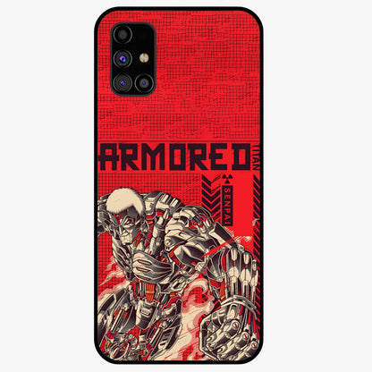 Crimson Mecha Titan Glass Case showing flat back view with powerful mech titan artwork and glossy glass finish.