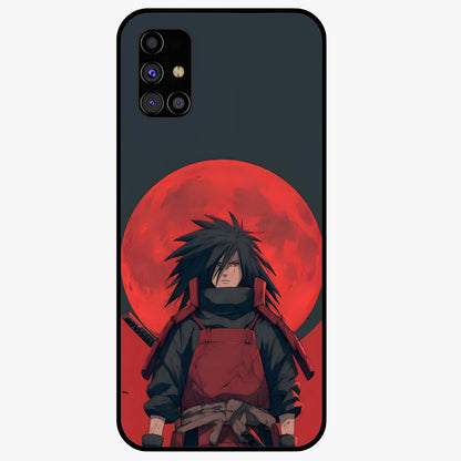 Crimson Moon Warlord Glass Case showing flat back view with mystical moon warrior artwork and glossy glass finish.