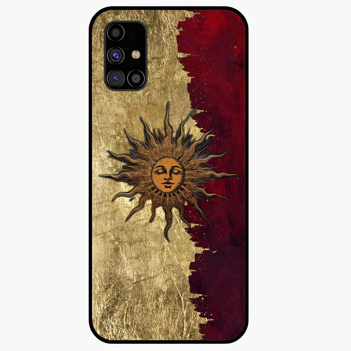 Crimson Sun Majesty Glass Case showing flat back view with radiant sun inspired artwork and glossy glass finish.