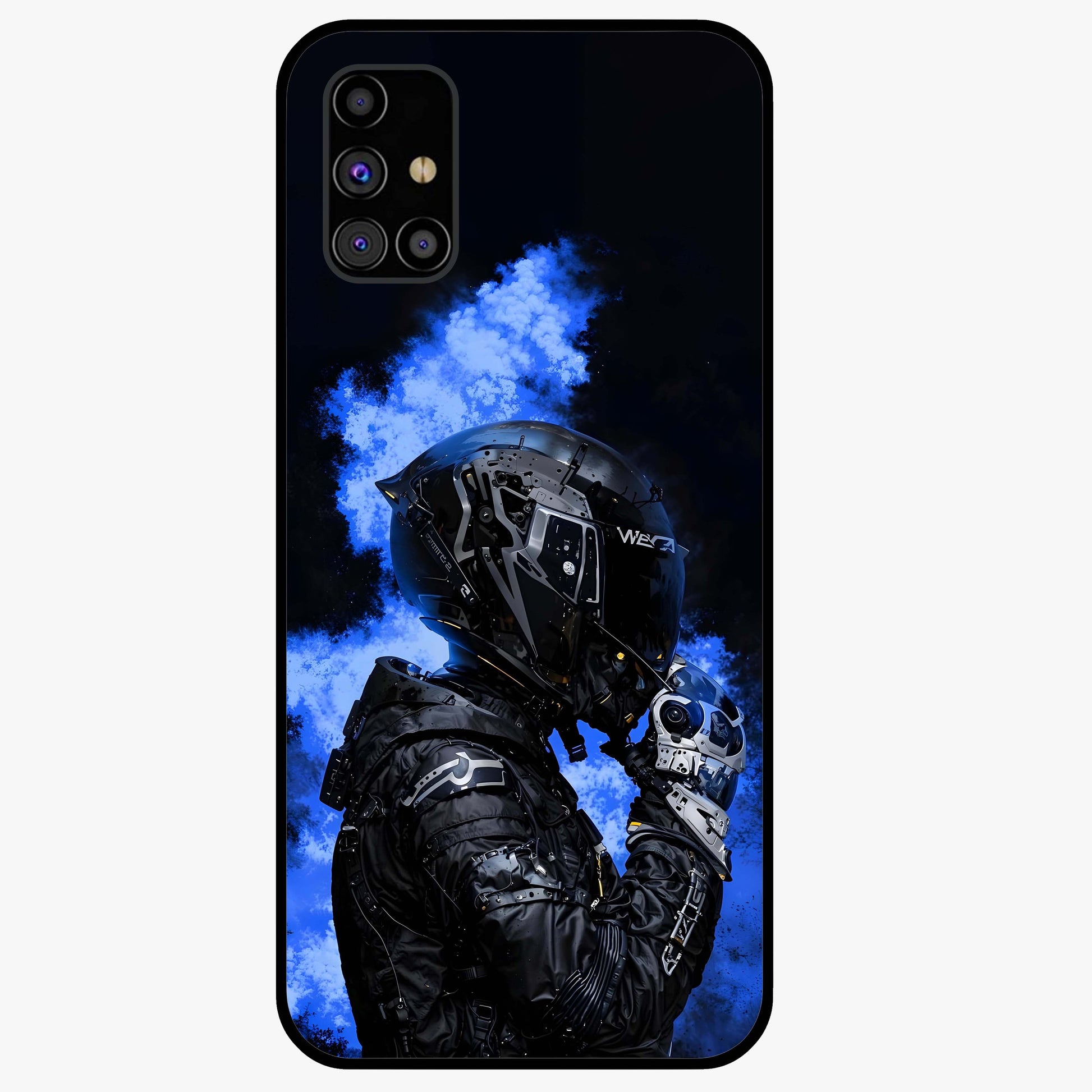 Cyber Sentinel Protocol Glass Case showing flat back view with futuristic cyber themed artwork and glossy glass finish.