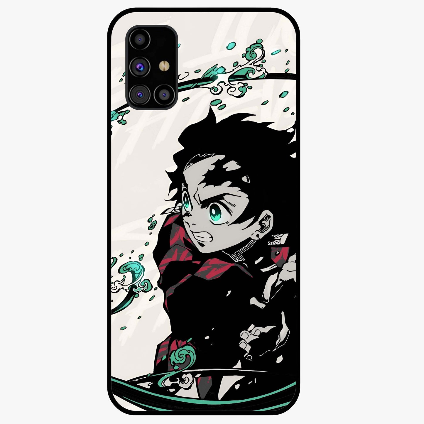 Demon Slayer Glass Case showing flat back view with bold anime inspired artwork and glossy glass finish.