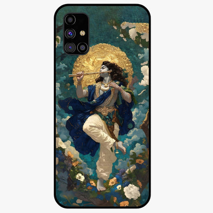 Divine Krishna Art Glass Case showing flat back view with Lord Krishna artwork and glossy glass finish.