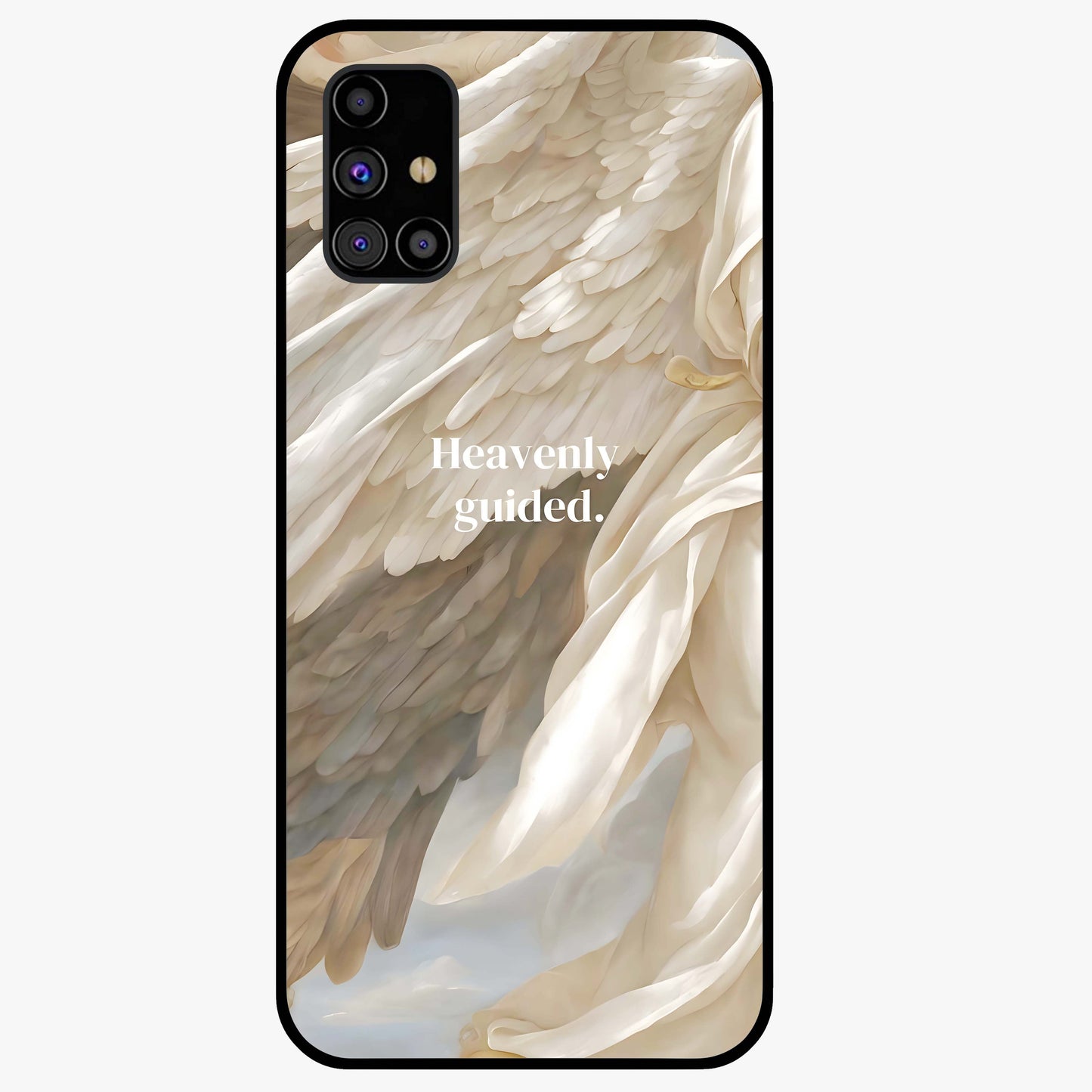 Divine Winged Grace Glass Case showing flat back view with elegant wing inspired artwork and glossy glass finish.