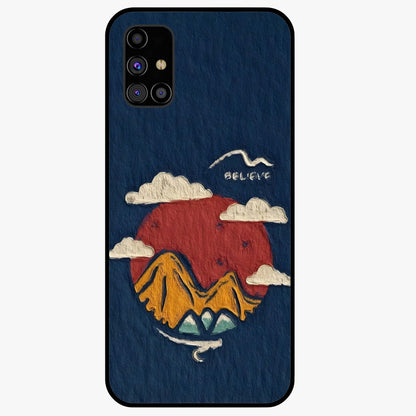 Dream Beyond Mountains Glass Case showing flat back view with scenic mountain landscape artwork and glossy glass finish.