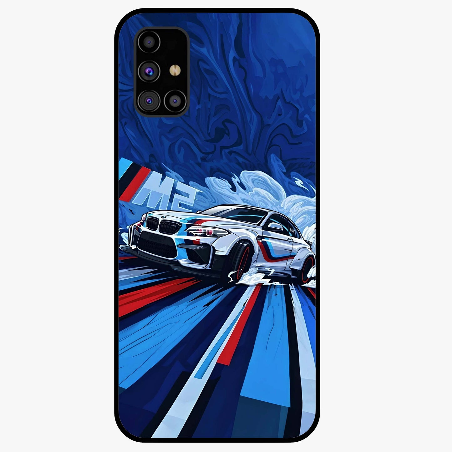 Drift Power Rush Glass Case showing flat back view with dynamic racing inspired artwork and glossy glass finish.