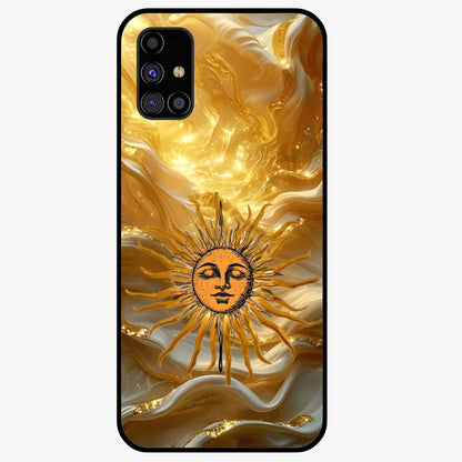 Eternal Golden Glow Glass Case showing flat back view with radiant golden themed artwork and glossy glass finish.