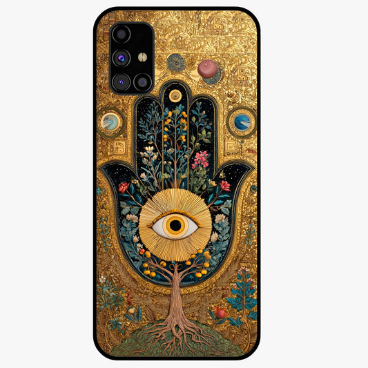 Ethereal Evil Eye Glass Case showing flat back view with mystical evil eye artwork and glossy glass finish.