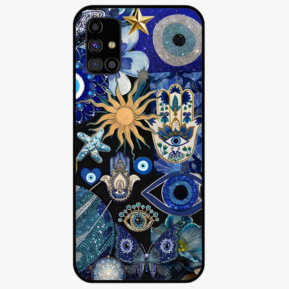 Evil Eye Charm Mix Glass Case showing flat back view with multiple evil eye charms artwork and glossy glass finish.