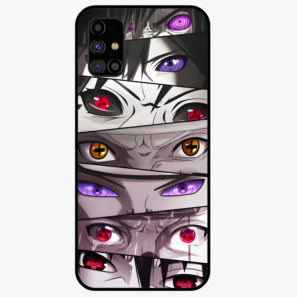 Eyes of Destiny Glass Case showing flat back view with striking eye themed artwork and glossy glass finish.