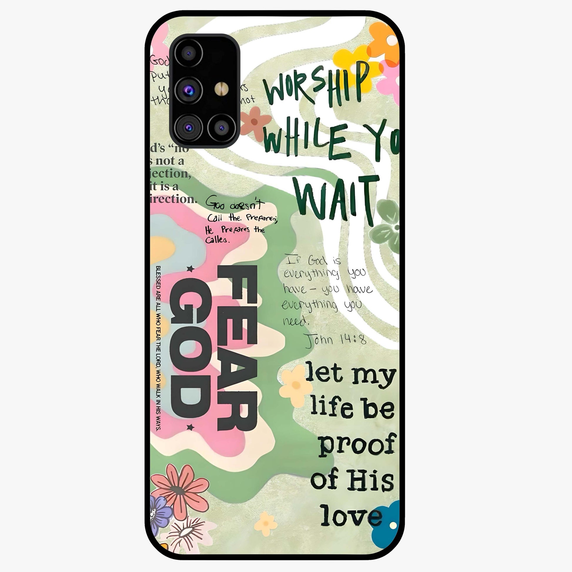 Faith Over Fear Glass Case showing flat back view with motivational typography artwork and glossy glass finish.