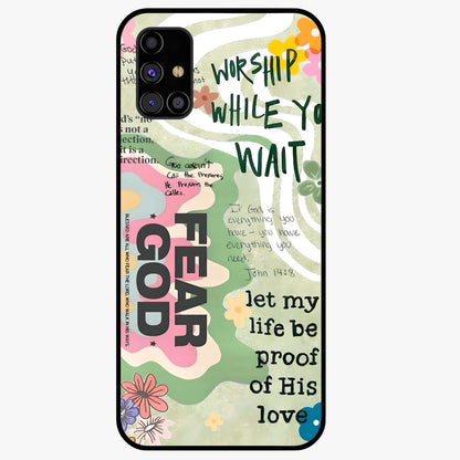 Faith Over Fear Glass Case showing flat back view with motivational typography artwork and glossy glass finish.
