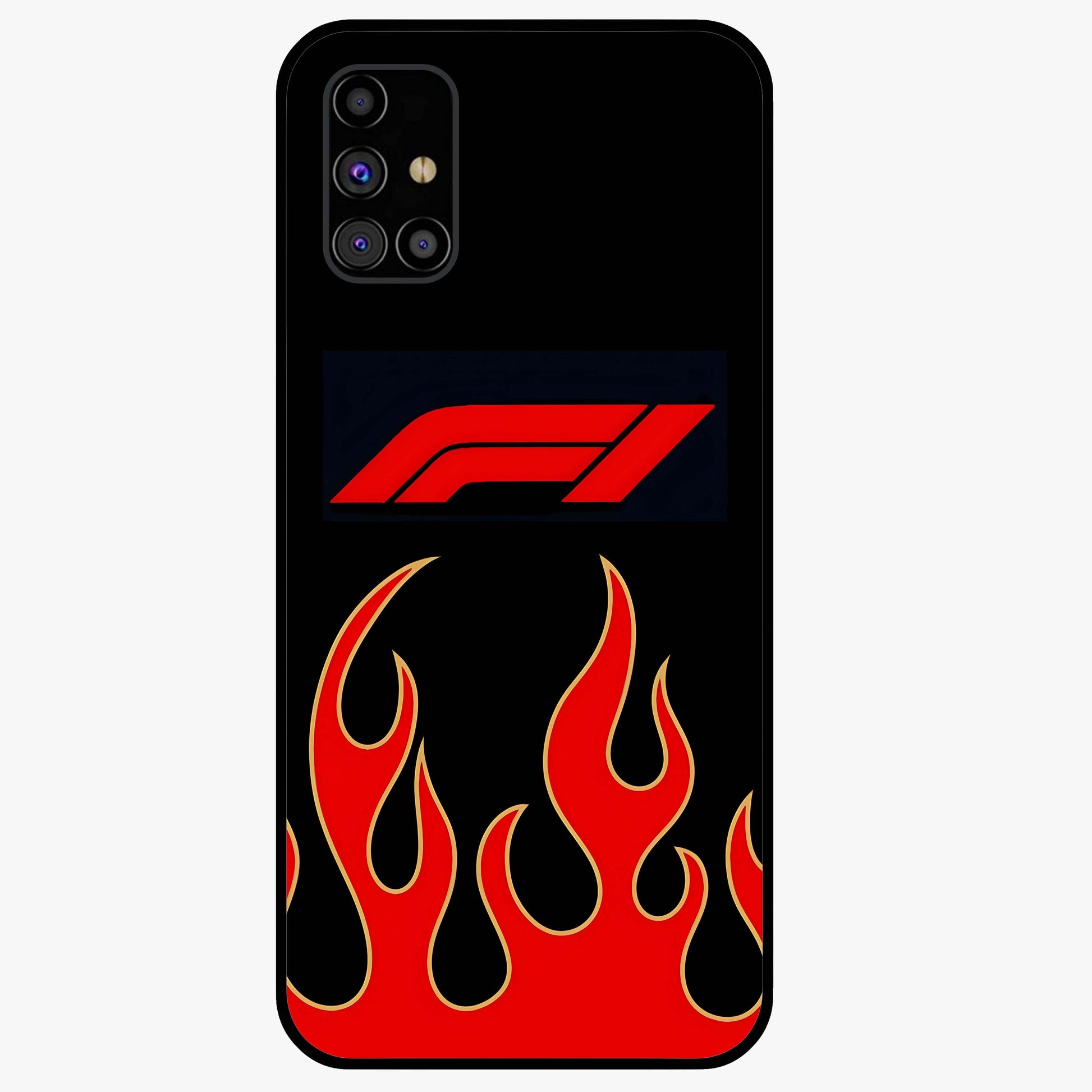 Fire F11 Glass Case showing flat back view with fiery themed artwork and glossy glass finish.