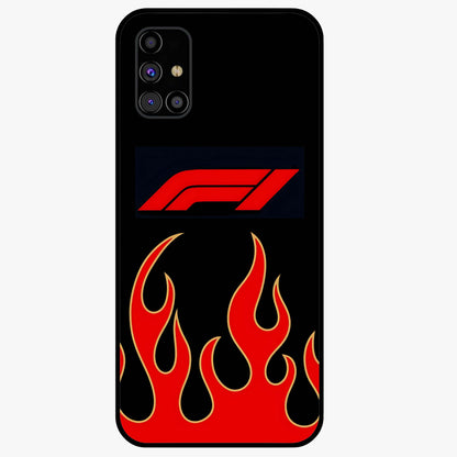 Fire F11 Glass Case showing flat back view with fiery themed artwork and glossy glass finish.