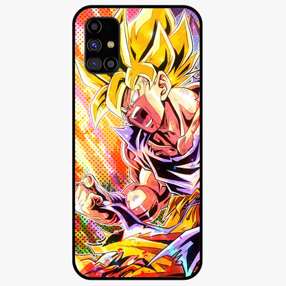 Firing Goku Glass Case showing flat back view with powerful anime inspired artwork and glossy glass finish.