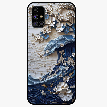 Floral Wave Origami Glass Case showing flat back view with origami inspired floral wave artwork and glossy glass finish.