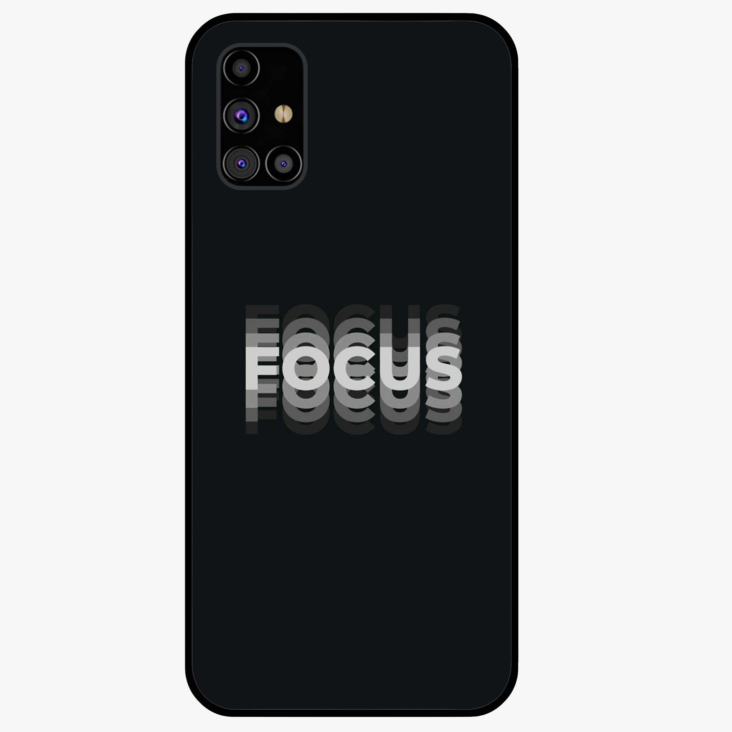Focus Mode On Glass Case showing flat back view with bold motivational typography design and glossy glass finish.
