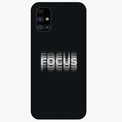 Focus Mode On Glass Case showing flat back view with bold motivational typography design and glossy glass finish.