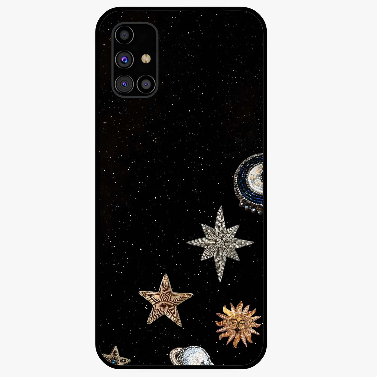 Galactic Charm Glow Glass Case showing flat back view with glowing celestial charm artwork and glossy glass finish.