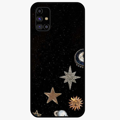 Galactic Charm Glow Glass Case showing flat back view with glowing celestial charm artwork and glossy glass finish.