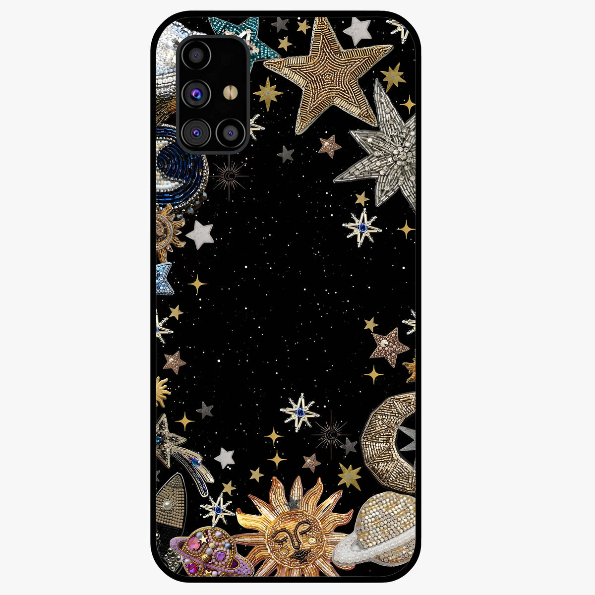 Galactic Jewel Stars Glass Case showing flat back view with sparkling star jewel artwork and glossy glass finish.