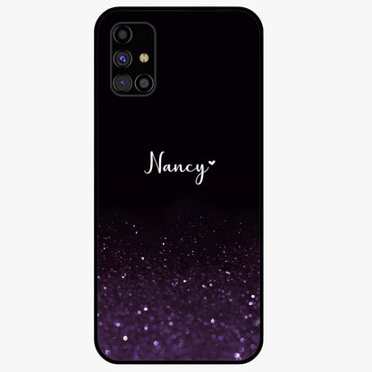 Glittery Purple Bokeh Custom Name Glass Case showing flat back view with purple bokeh sparkle artwork and personalized name design.