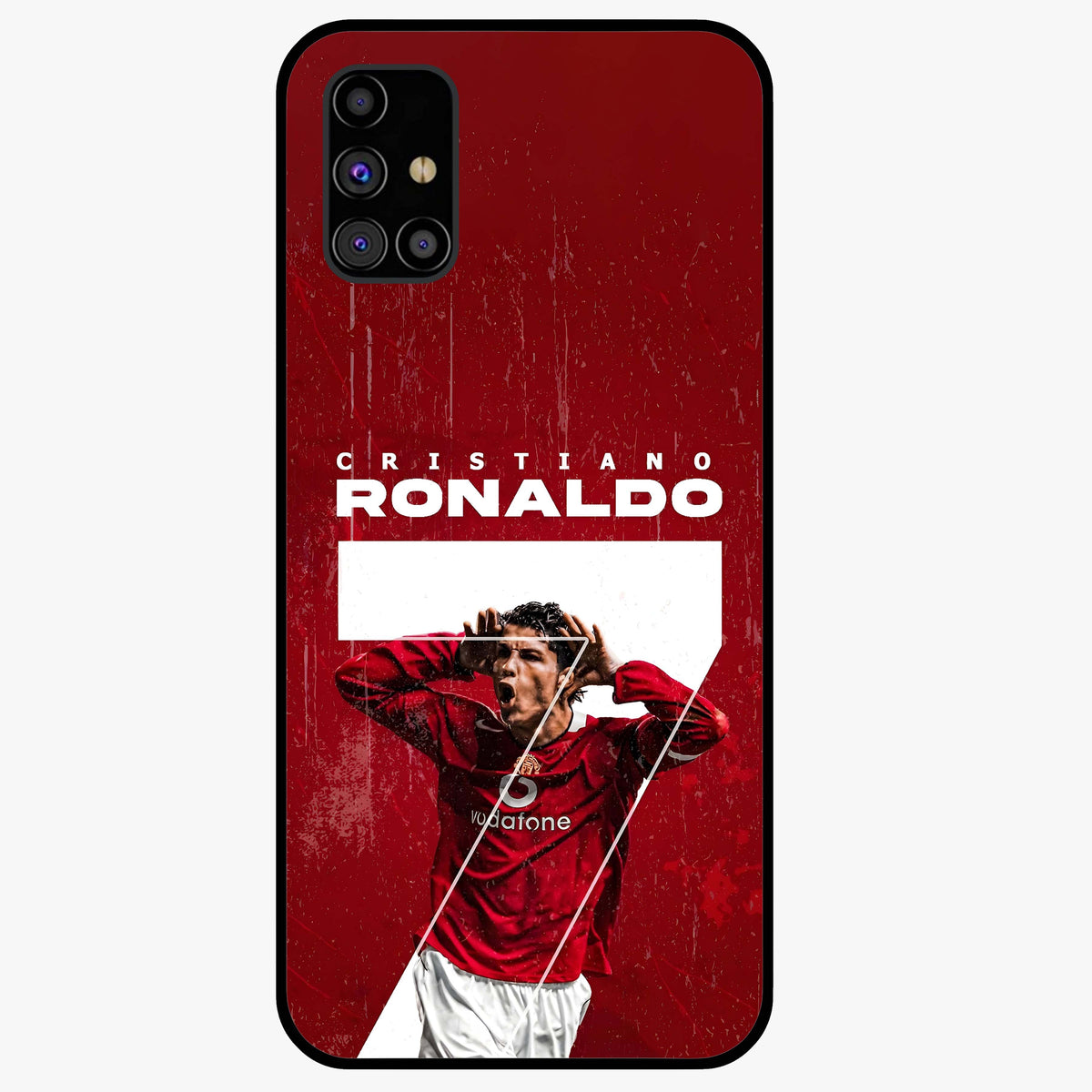 Goal Celebration Legacy Glass Case showing flat back view with football celebration inspired artwork and glossy glass finish.