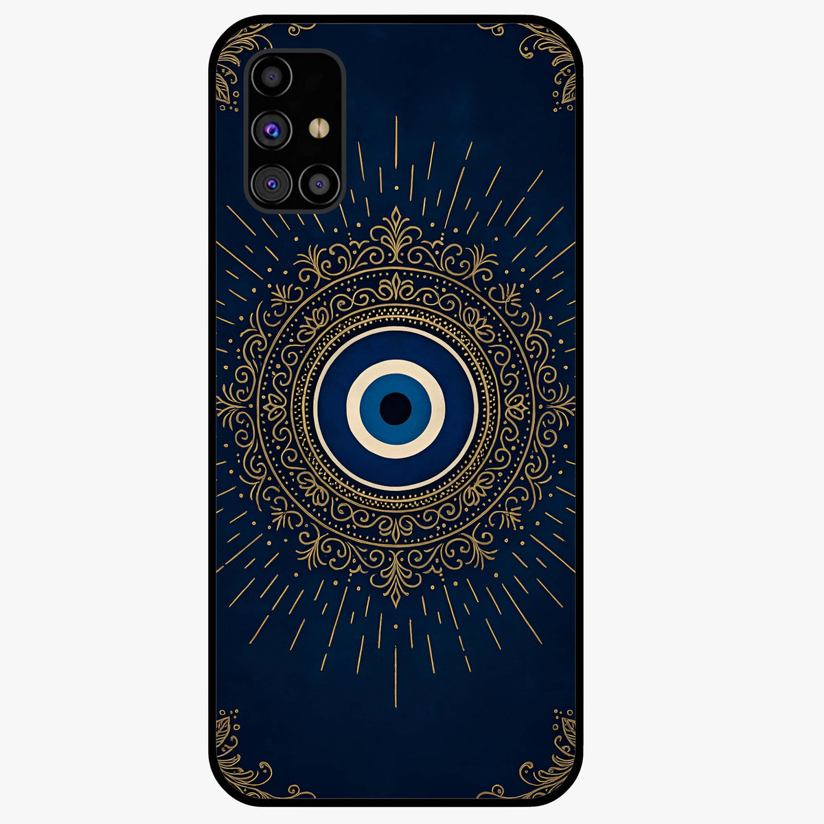 Golden Evil Eye Mandala Glass Case showing flat back view with intricate evil eye mandala artwork and glossy glass finish.