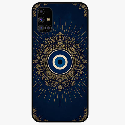 Golden Evil Eye Mandala Glass Case showing flat back view with intricate evil eye mandala artwork and glossy glass finish.