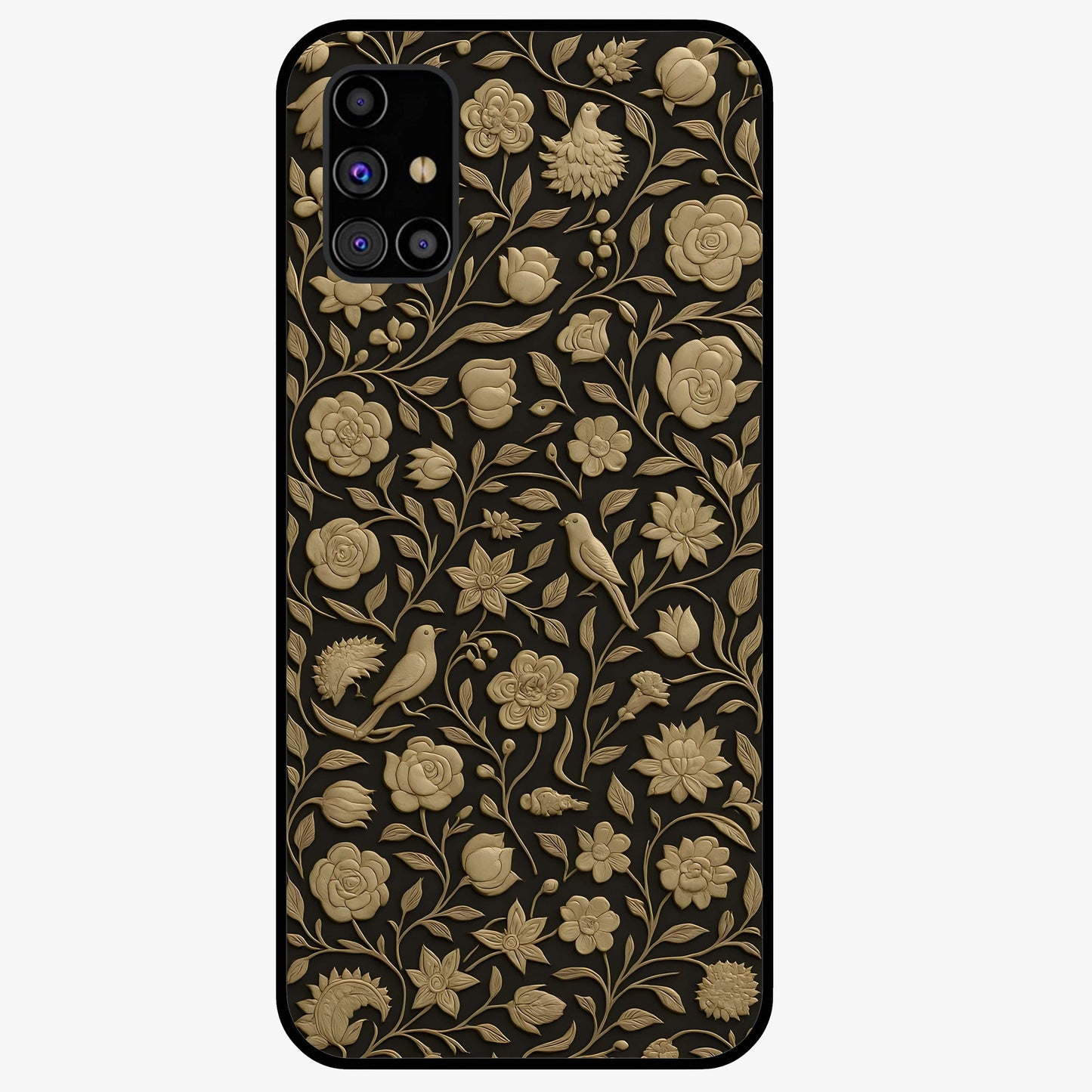 Golden Floral Majesty Glass Case showing flat back view with luxurious golden floral artwork and glossy glass finish.