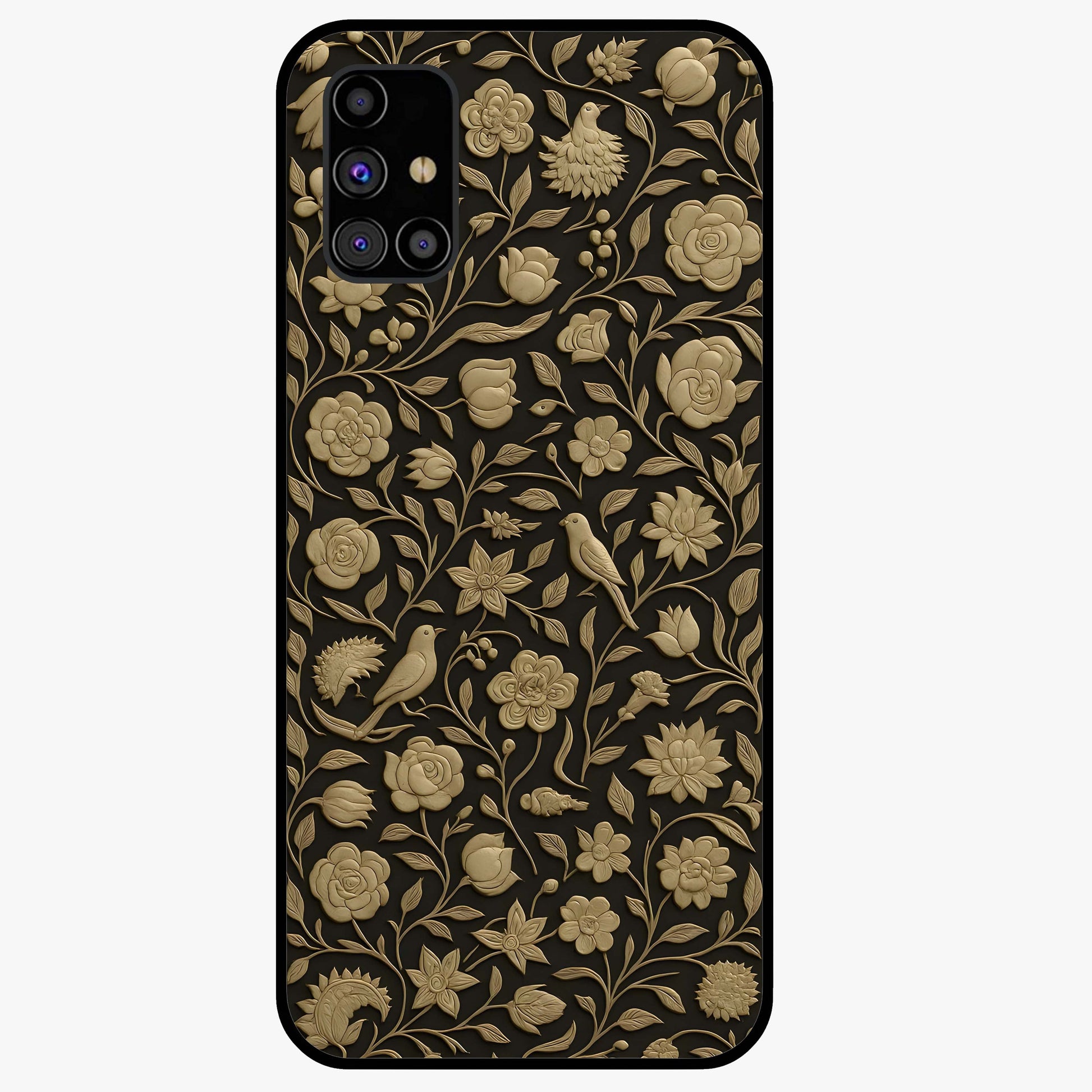 Golden Floral Majesty Glass Case showing flat back view with luxurious golden floral artwork and glossy glass finish.