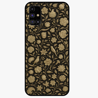 Golden Floral Majesty Glass Case showing flat back view with luxurious golden floral artwork and glossy glass finish.