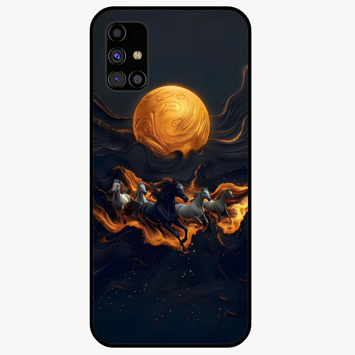 Golden Stallion Moonride Glass Case showing flat back view with majestic horse under moonlight artwork and glossy glass finish.