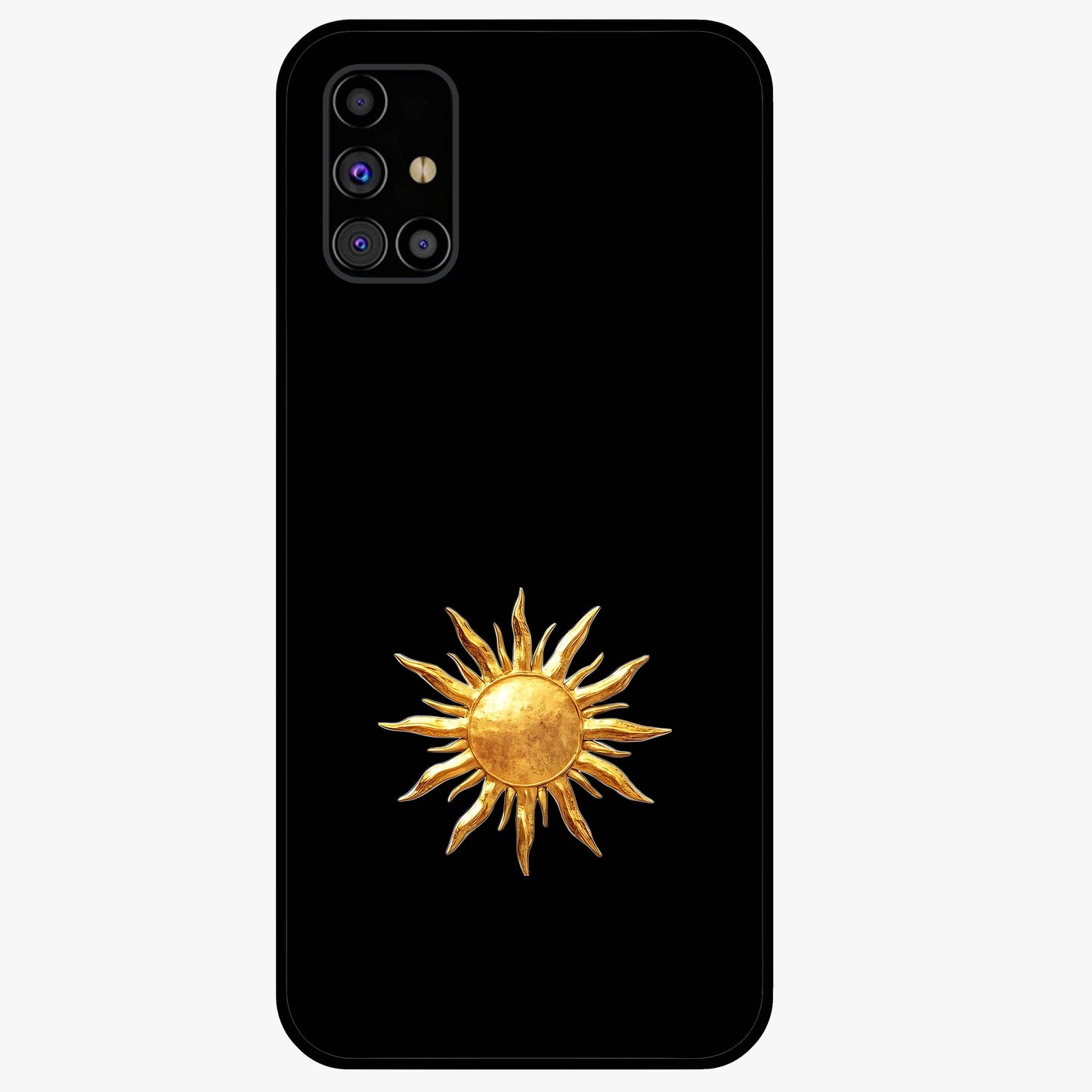 Golden Sun Minimalism Glass Case showing flat back view with minimal golden sun artwork and glossy glass finish.