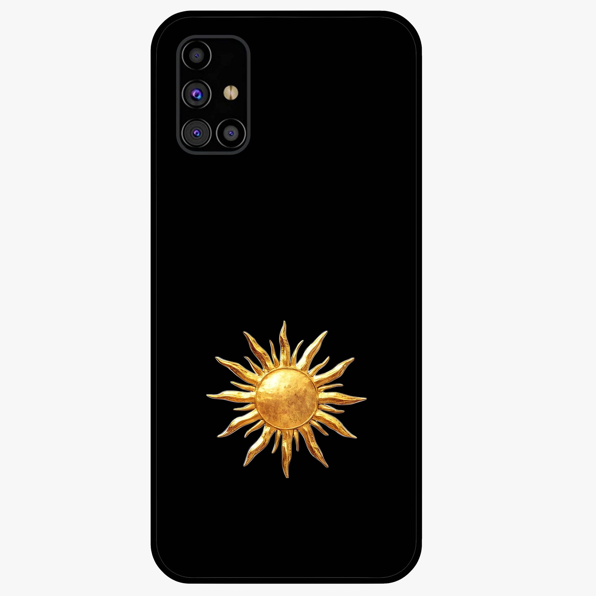 Golden Sun Minimalism Glass Case showing flat back view with minimal golden sun artwork and glossy glass finish.