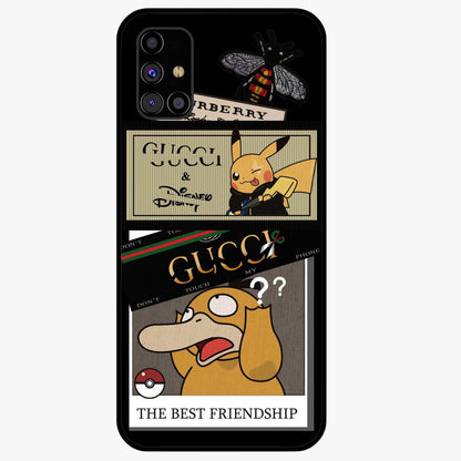 Gucci Play Mashup Glass Case showing flat back view with luxury inspired graphic artwork and glossy glass finish.