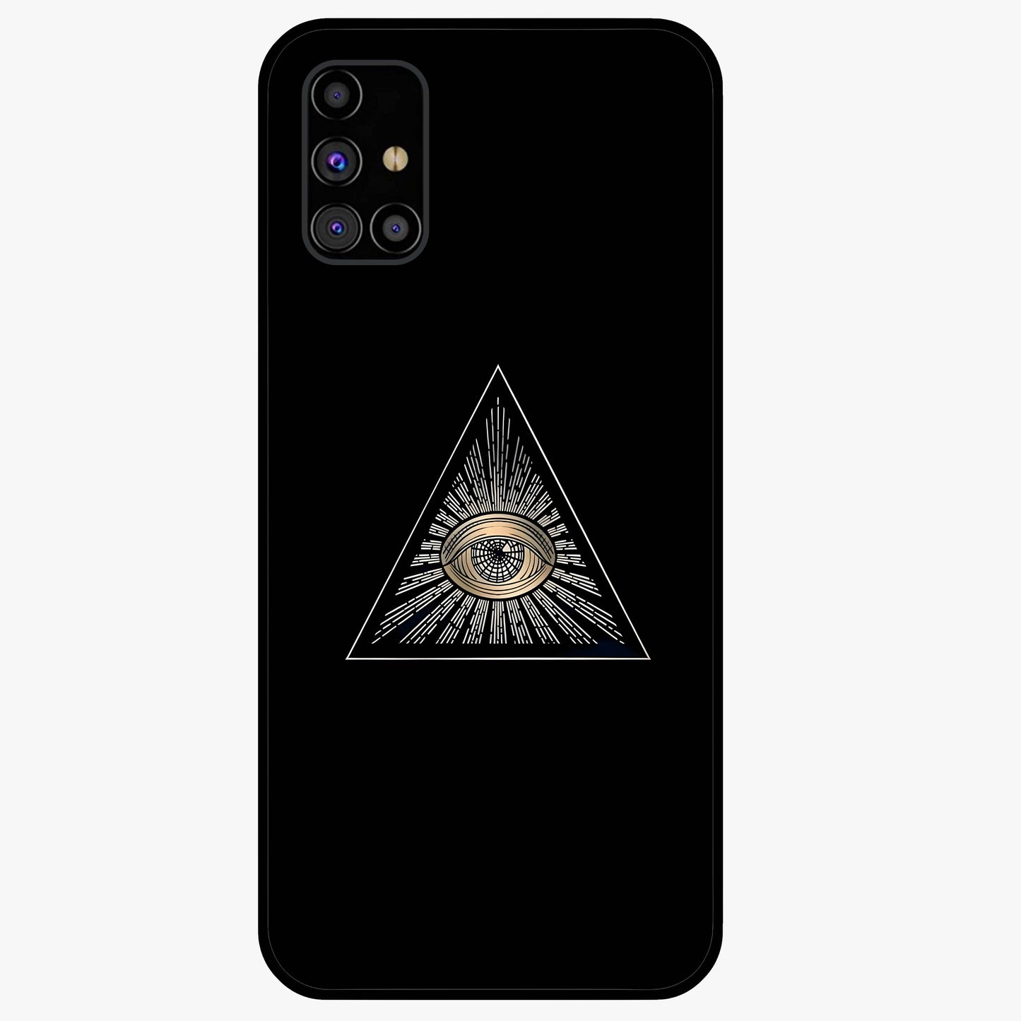Illuminati Evil Glass Case showing flat back view with mysterious illuminati symbol artwork and glossy glass finish.