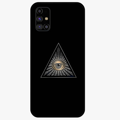 Illuminati Evil Glass Case showing flat back view with mysterious illuminati symbol artwork and glossy glass finish.