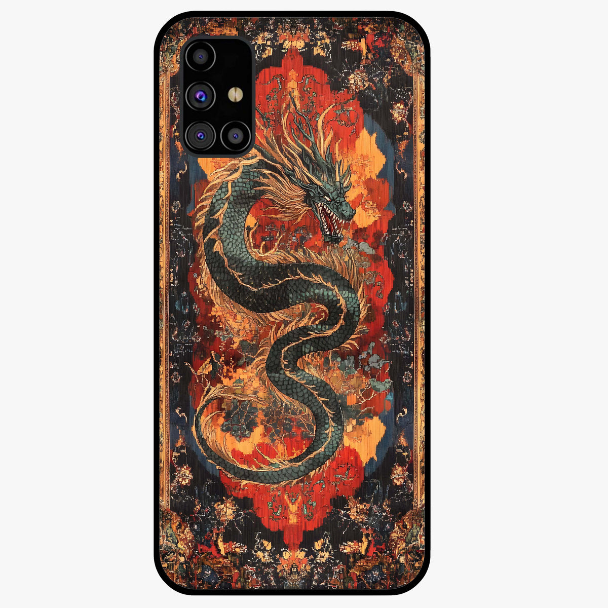 Inferno Dragon Soul Glass Case showing flat back view with fiery dragon artwork and glossy glass finish.