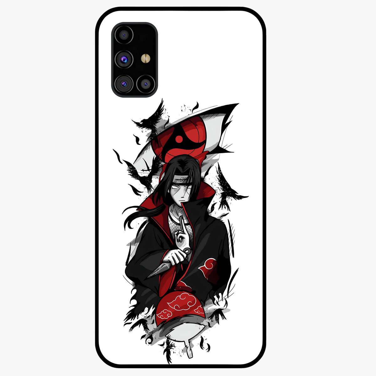 Itachi Sharingan Glass Case showing flat back view with powerful anime eye artwork and glossy glass finish.