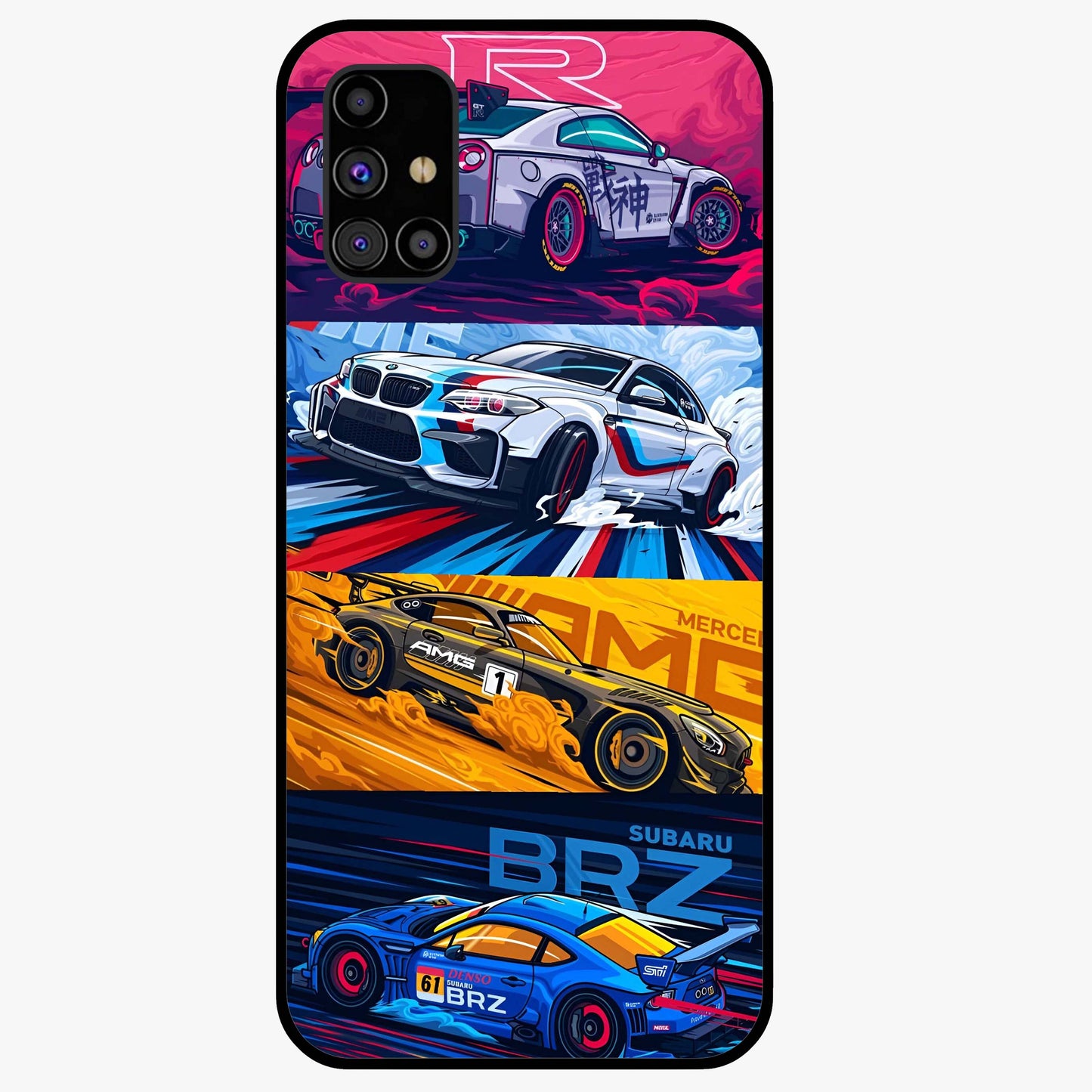 JDM Sports Car Glass Case showing flat back view with high performance sports car artwork and glossy glass finish.