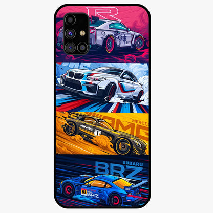 JDM Sports Car Glass Case showing flat back view with high performance sports car artwork and glossy glass finish.