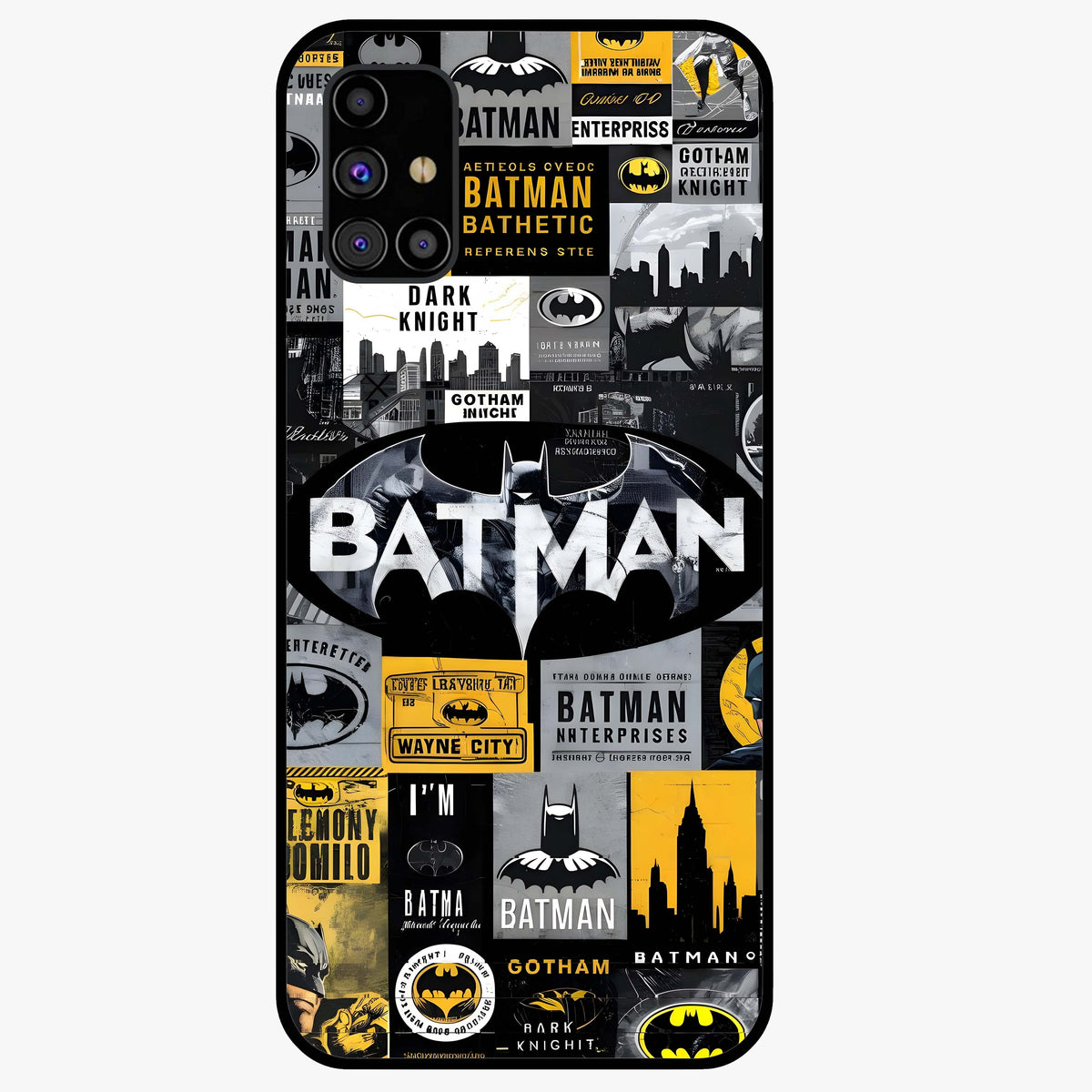 Knight Gotham Rise Glass Case showing flat back view with dark hero inspired artwork and glossy glass finish.