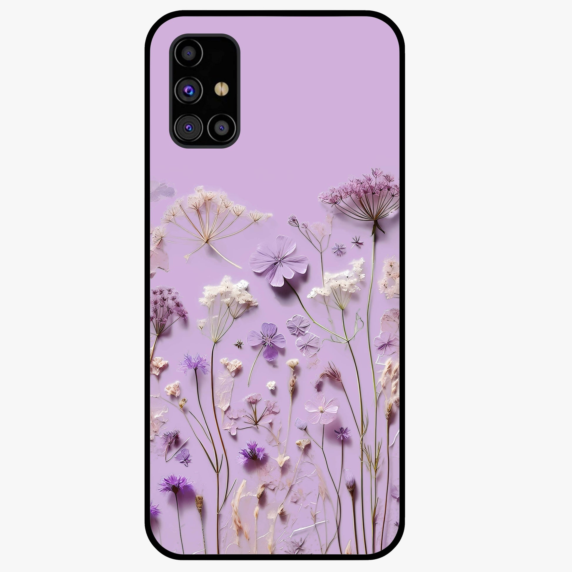 Lavender Blossom Dream Glass Case showing flat back view with soft lavender floral artwork and glossy glass finish.