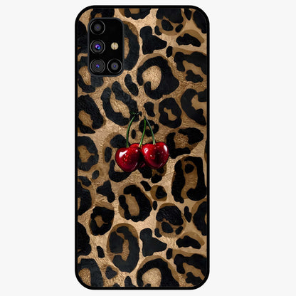 Leopard Wild Cherry Glass Case showing flat back view with leopard pattern and cherry artwork and glossy glass finish.