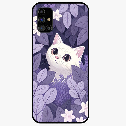 Lilac Hide Peek Cat Glass Case showing flat back view with cute peeking cat artwork and glossy glass finish.