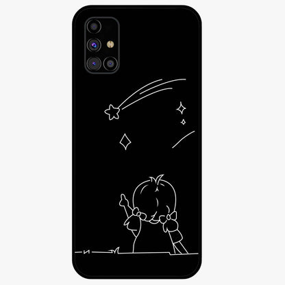 Line Art Girl With Shooting Stars Glass Case showing flat back view with minimal line art girl and shooting stars illustration and glossy glass finish.