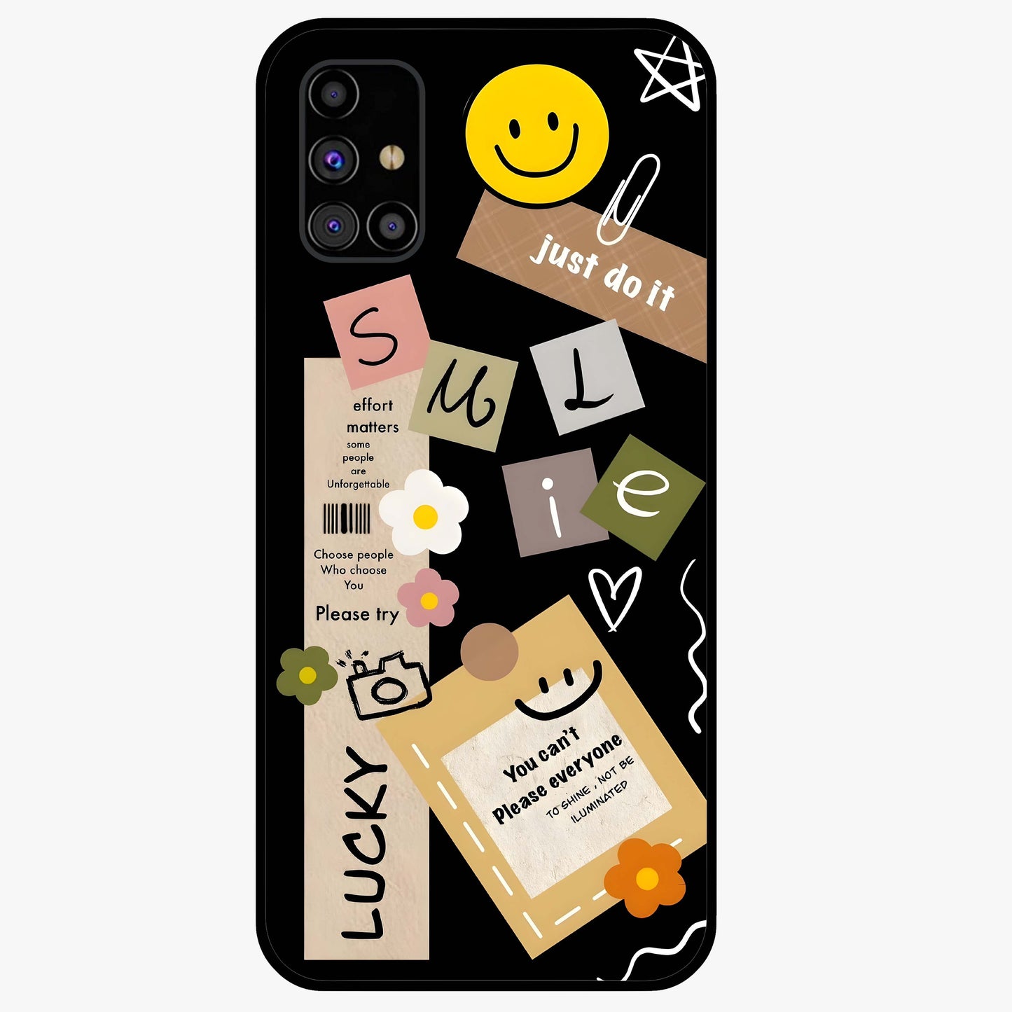 Lucky Aesthetic Collage Glass Case showing flat back view with trendy aesthetic collage artwork and glossy glass finish.