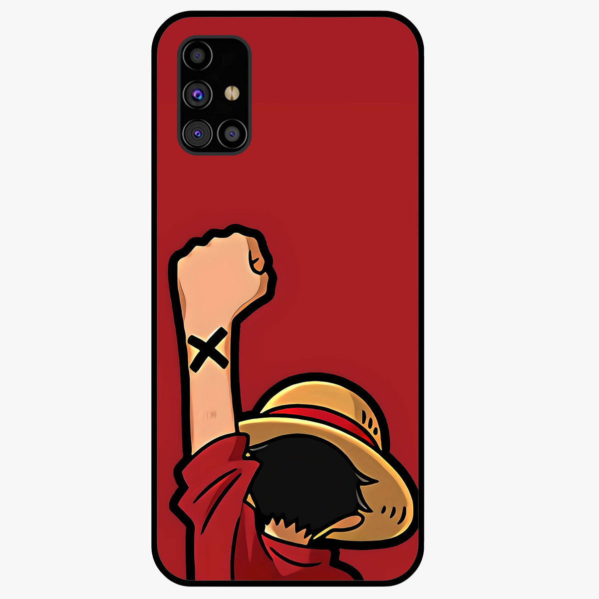 Luffy X Spirit Glass Case showing flat back view with bold anime character artwork and glossy glass finish.